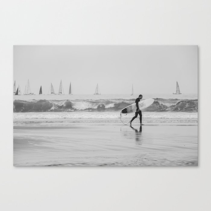 Surfer - Beach Crashing Waves Sail Boats Canvas Print