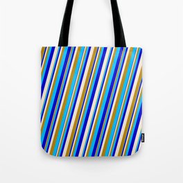 [ Thumbnail: Beige, Dark Goldenrod, Deep Sky Blue & Blue Colored Stripes Pattern Tote Bag ]