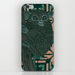 Cute Bush baby sitting on tree stump with green and tan pattern background iPhone Skin