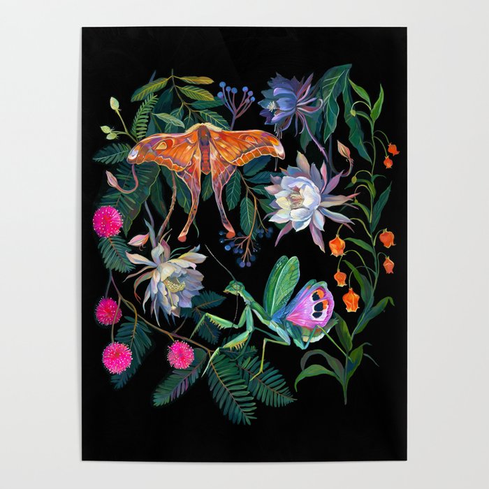 Mantis and Moth Cactus Flower Poster