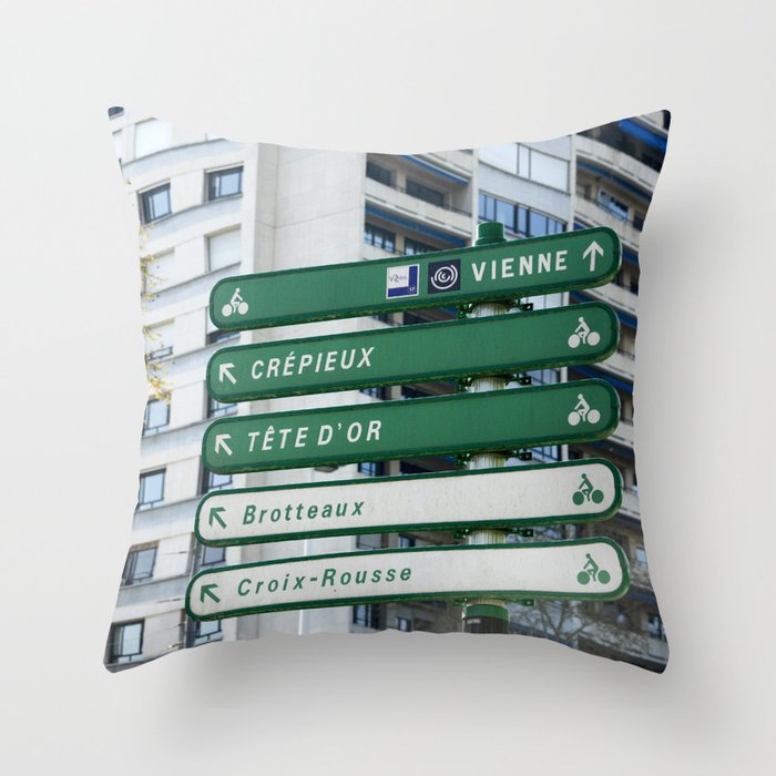 Bicycle love | Cycling paths for bike lovers in Lyon | Viarhona sign, Rhone Cycle Route Throw Pillow