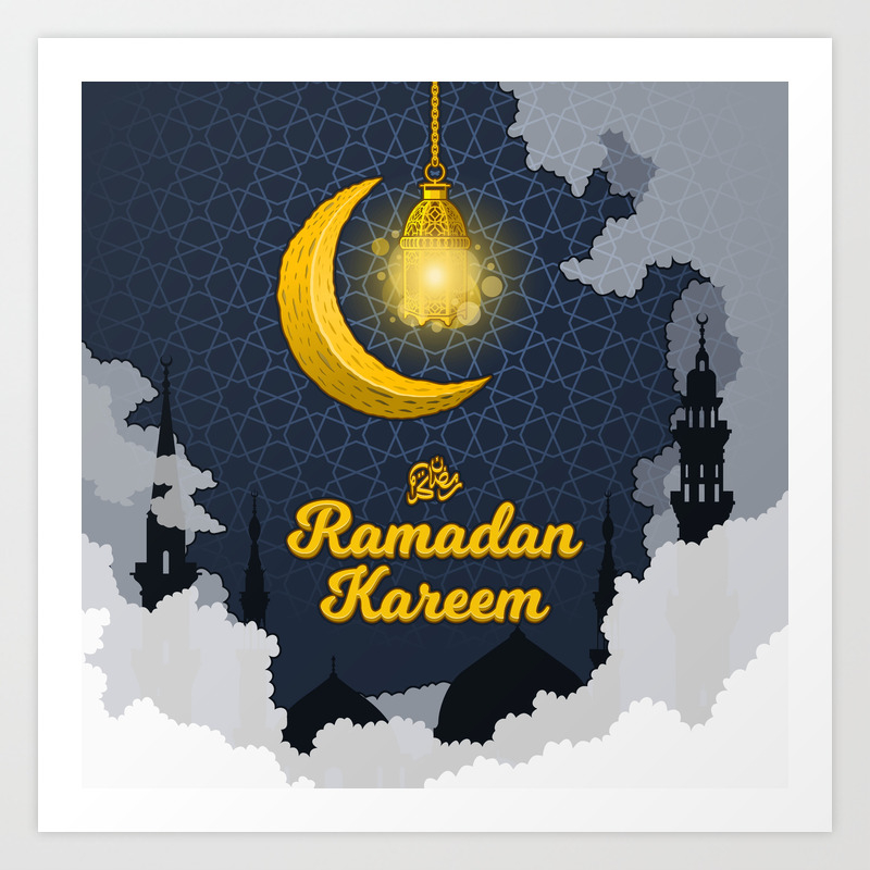 Ramadan Kareem in 3D Cartoon Word with Silhouette of Prophet Mosque,  Lantern and Crescent Moon Art Print by ridjam | Society6