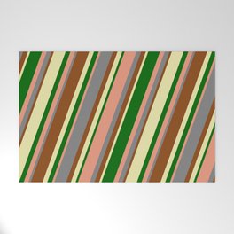 [ Thumbnail: Colorful Grey, Brown, Pale Goldenrod, Dark Green & Dark Salmon Colored Lined/Striped Pattern Welcome Mat ]