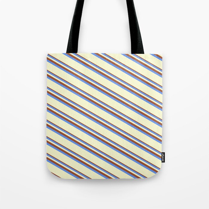 Sienna, Cornflower Blue & Light Yellow Colored Striped/Lined Pattern Tote Bag