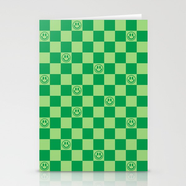 Monochromatic Green Smiley Face Checkerboard Stationery Cards