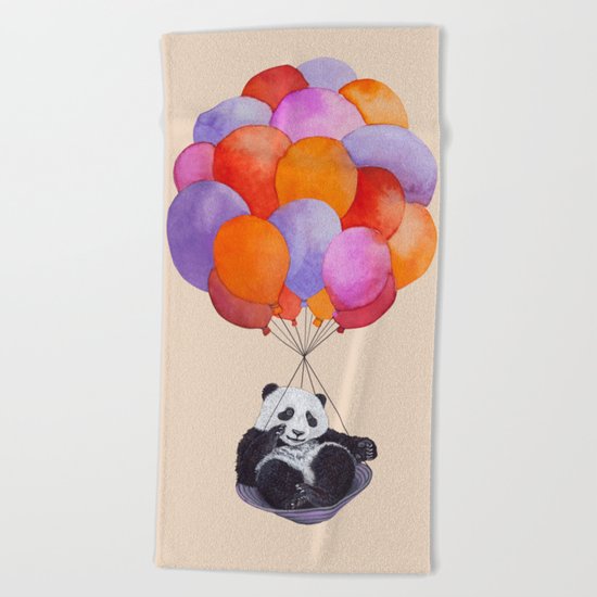 Panda flying with balloons Beach Towel