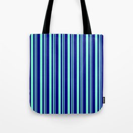 [ Thumbnail: Blue & Aquamarine Colored Lines/Stripes Pattern Tote Bag ]
