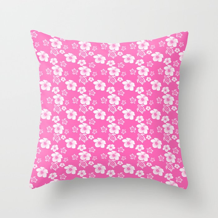 Pink Hibiscus Honu Hawaiian Pattern Throw Pillow