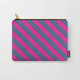 [ Thumbnail: Deep Pink & Teal Colored Lined/Striped Pattern Carry-All Pouch ]