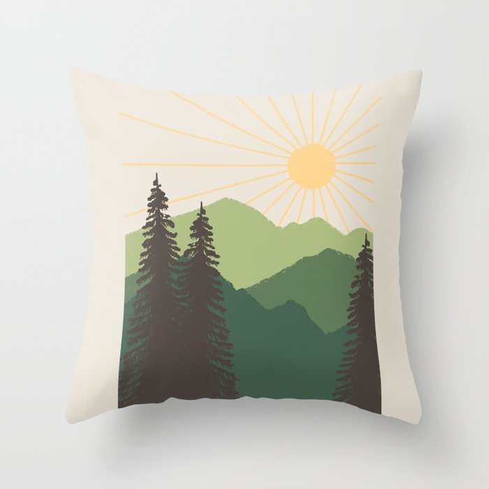 Sunny Mountain Morning in evergreen Throw Pillow