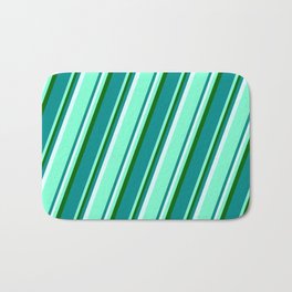 [ Thumbnail: Dark Green, Dark Cyan, Light Cyan, and Aquamarine Colored Lined Pattern Bath Mat ]
