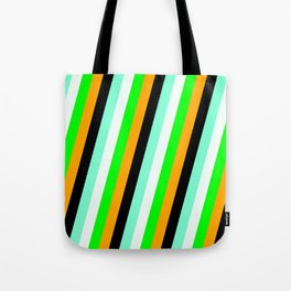 [ Thumbnail: Vibrant Lime, Orange, Black, Aquamarine & Mint Cream Colored Pattern of Stripes Tote Bag ]