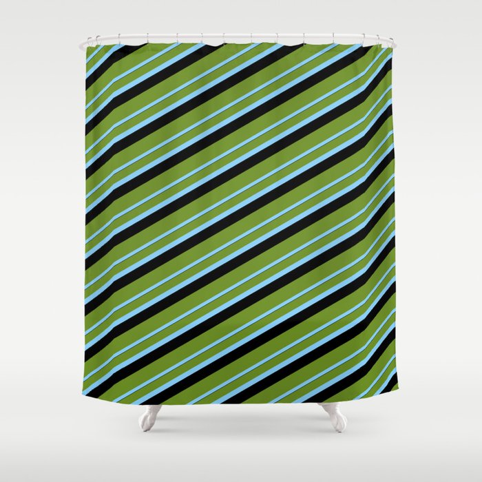 Green, Light Sky Blue, and Black Colored Lined/Striped Pattern Shower Curtain