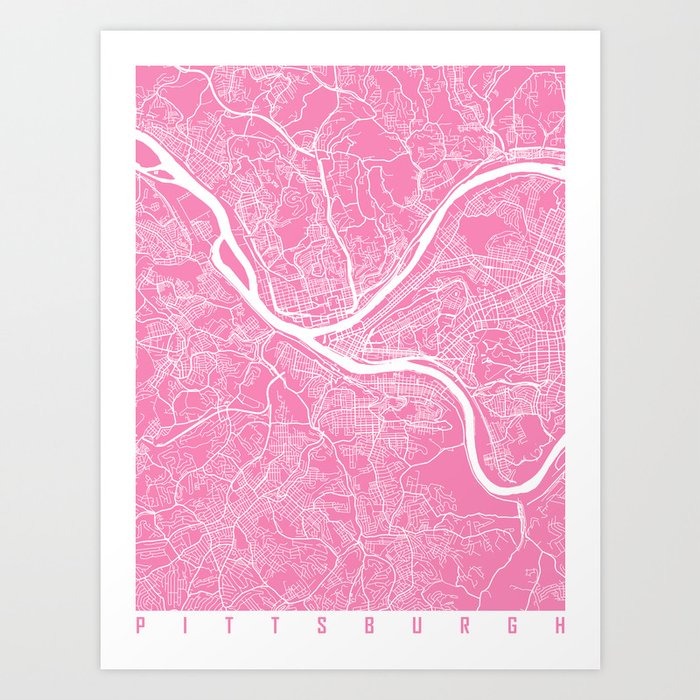 Pittsburgh map pink Art Print