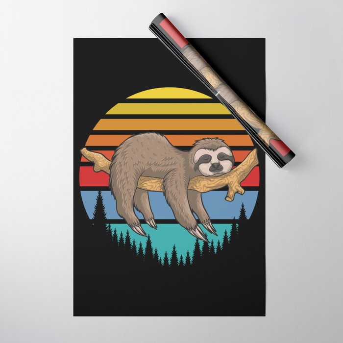 Lazy Sloth Retro Sunset Illustration Cute Funny Wrapping Paper