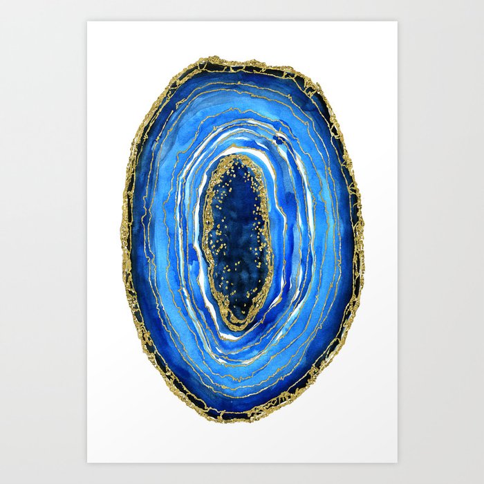 Cobalt Blue And Gold Geode In Watercolor Art Print By