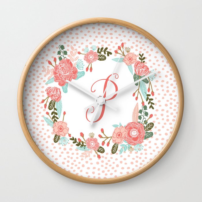 Monogram P - cute girls coral florals flower wreath, coral florals, baby girl, baby blanket Wall Clock