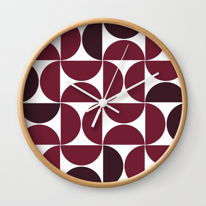 Burgundy mid century modern geometric shapes Wall Clock