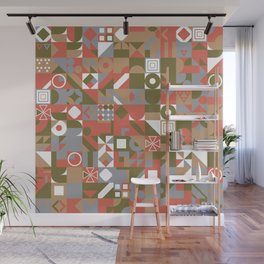 Green, White, Red Retro Minimalist Geometric Design Gift Pattern Art Print Wall Mural