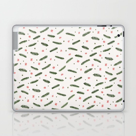 Christmas branches and stars - olive and coral Laptop & iPad Skin