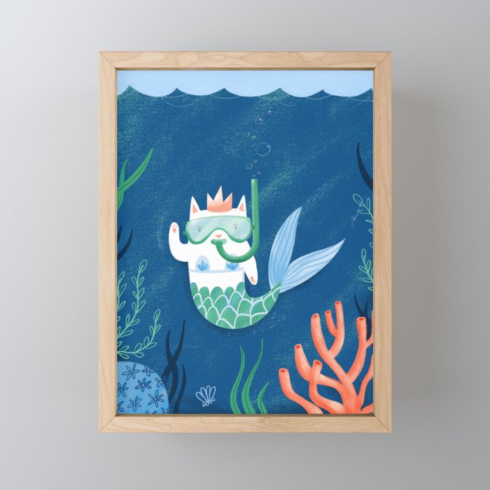 Purrmaid - Cat Mermaid Meow Ocean Kids Illustration Framed Mini Art Print