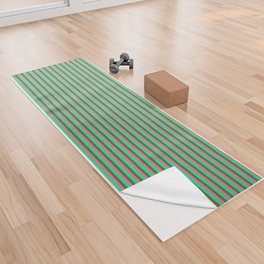[ Thumbnail: Hot Pink, Green, and Dark Olive Green Colored Striped Pattern Yoga Towel ]
