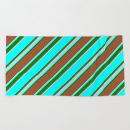 [ Thumbnail: Sienna, Powder Blue, Aqua & Green Colored Stripes Pattern Beach Towel ]
