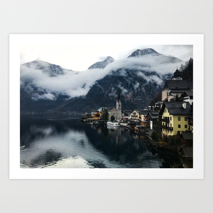 Village Near a Lake (Hallstatt, Austria) Art Print