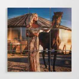 Lord of the manor; blond with horse magical realism female portrait color photograph / photography Wood Wall Art
