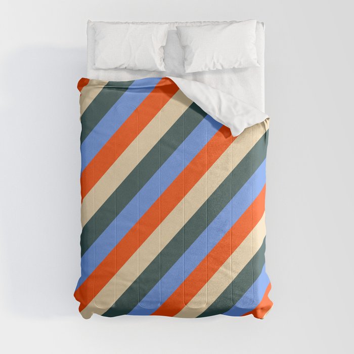 Red, Tan, Dark Slate Gray & Cornflower Blue Colored Lined Pattern Comforter