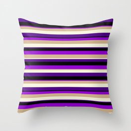 [ Thumbnail: Colorful Black, Dark Violet, Tan, Beige, and Indigo Colored Lined/Striped Pattern Throw Pillow ]
