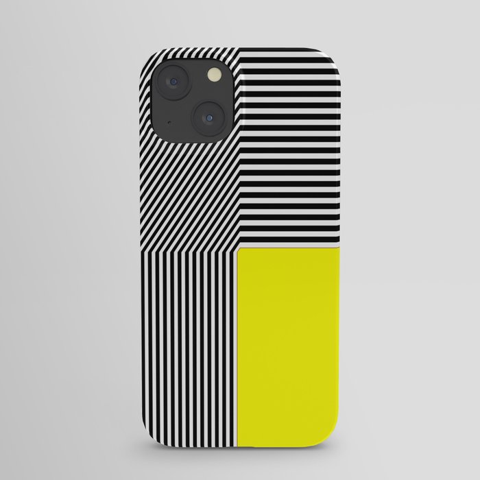 Geometric abstraction, black and white stripes, yellow square iPhone Case