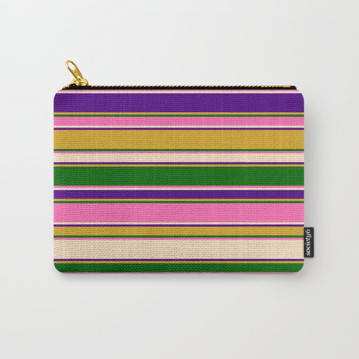 Eyecatching Goldenrod, Dark Green, Hot Pink, Bisque & Indigo Colored Striped/Lined Pattern Carry-All Pouch