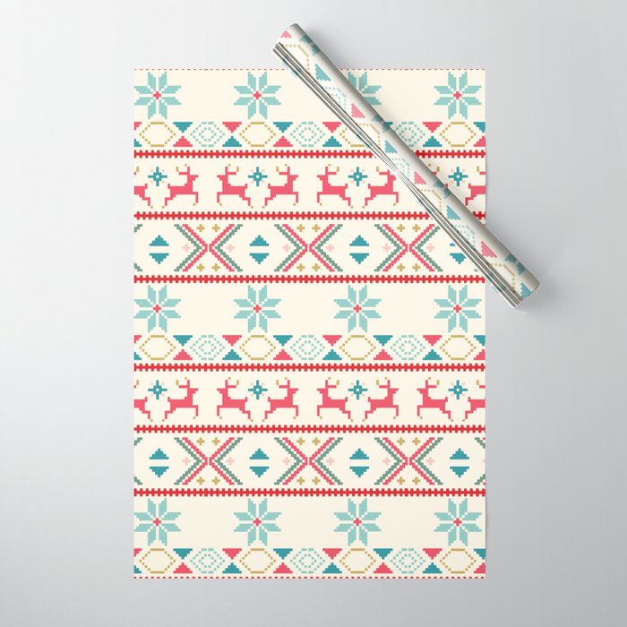 Fair Isle Beige Red #Christmas Wrapping Paper