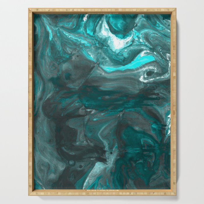 Dark Clouds Gathering Teal Grey Marbling Serving Tray By