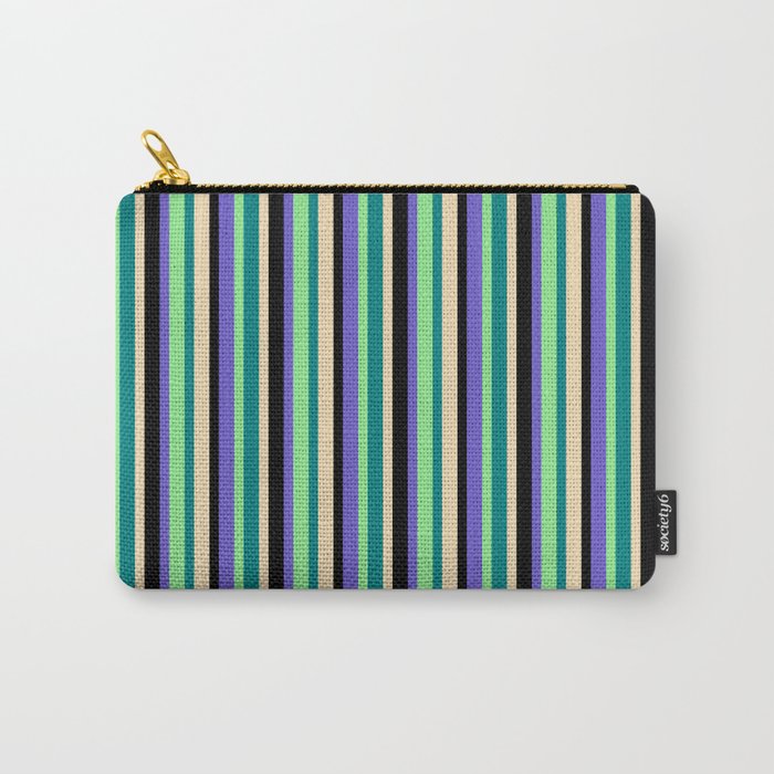 Eye-catching Slate Blue, Black, Tan, Teal & Light Green Colored Stripes/Lines Pattern Carry-All Pouch
