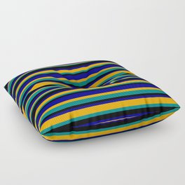 [ Thumbnail: Orange, Teal, Black, and Dark Blue Colored Stripes/Lines Pattern Floor Pillow ]