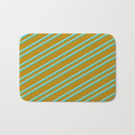 [ Thumbnail: Dark Goldenrod, Light Blue, and Dark Turquoise Colored Lined/Striped Pattern Bath Mat ]