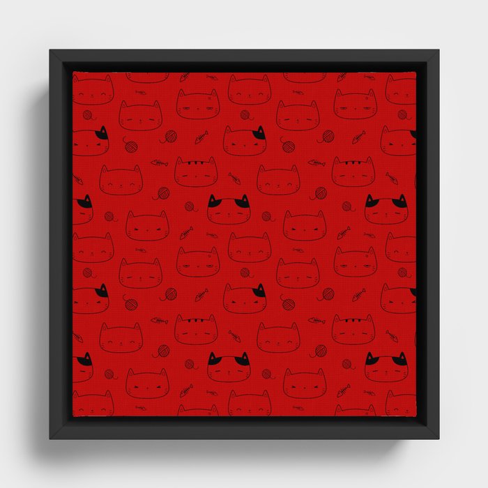 Red and Black Doodle Kitten Faces Pattern Framed Canvas