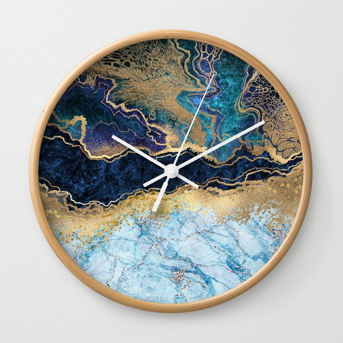 Peacock Blue, Purple, Gold Marble Abstract Art  Wall Clock