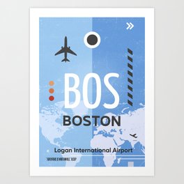 BOS BOSTON US airport code Art Print | Gift, Airport, Sky, Graphicdesign, Bagagetag, Plane, Typography, Map, Citynames, Uscity 