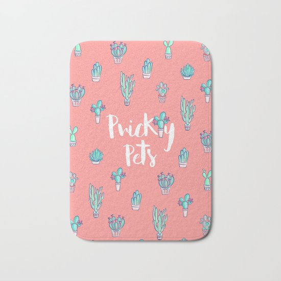 Prickly Pets on coral - Cactus pattern Bath Mat