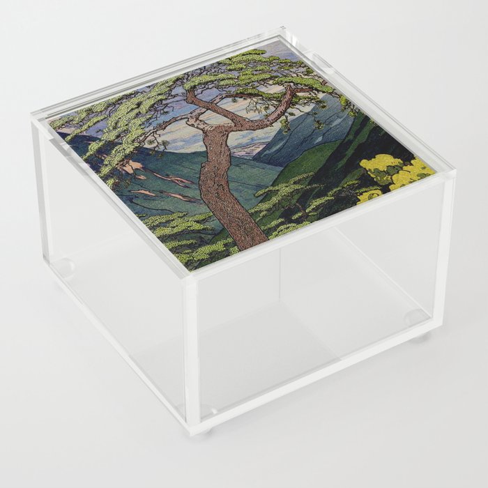 The Downwards Climbing - Summer Tree & Mountain Ukiyoe Nature Landscape in Green Acrylic Box