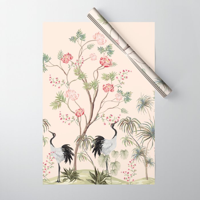 Beautiful exotic chinoiserie wallpaper. Hand drawn vintage chinese rose trees, palms, sakura flowers, peonies, crane bird, heron, pheasant. Floral seamless border pink background.  Wrapping Paper