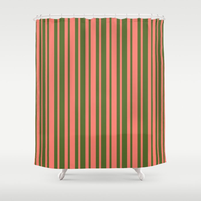 Dark Olive Green and Salmon Colored Lined/Striped Pattern Shower Curtain