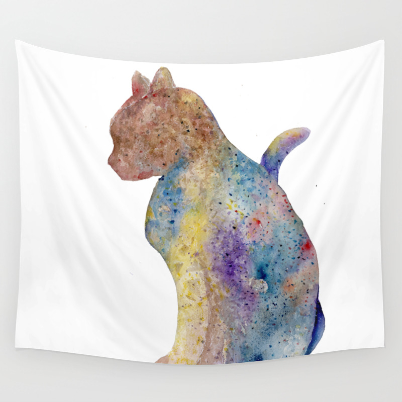 Cat Neko Cute Cat Watercolor Painting Wall Tapestry By