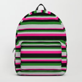 [ Thumbnail: Forest Green, Light Gray, Deep Pink, and Black Colored Stripes Pattern Backpack ]