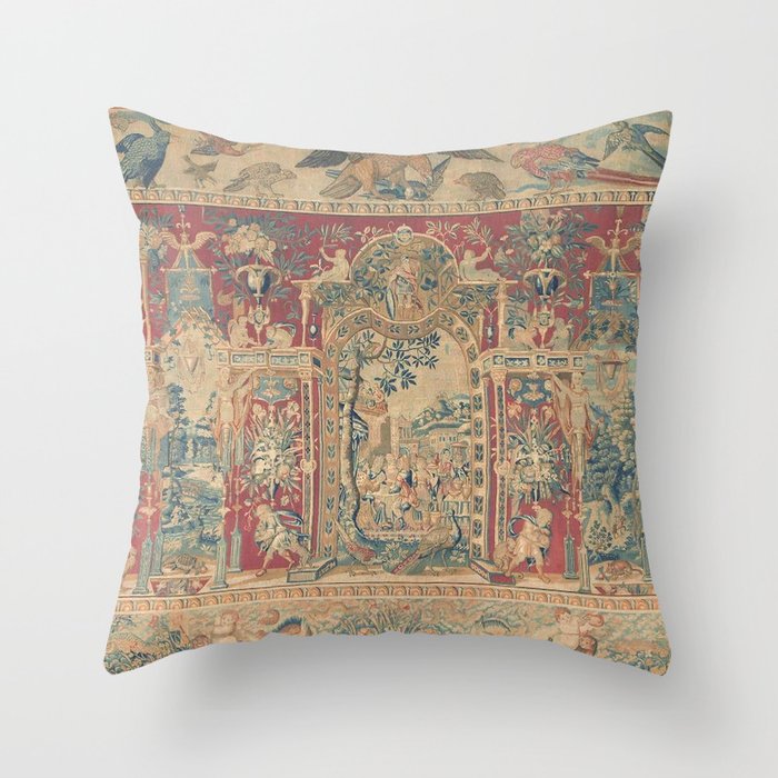 Antique Antwerp Grotesques Tapestry 16th Century  Throw Pillow