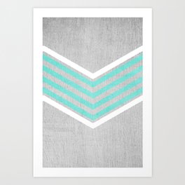Teal and White Chevron on Silver Grey Wood Art Print