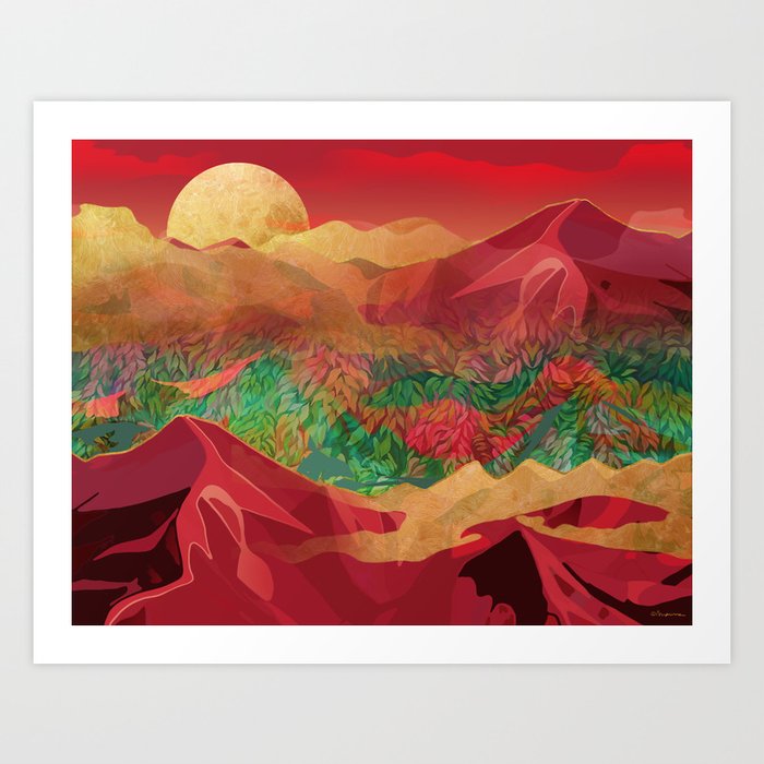"Tropical golden sunset over fantasy pink forest" Art Print